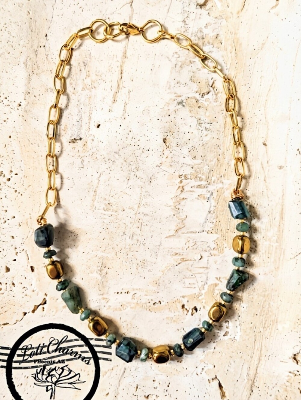Genuine Emerald Stones And Beads In Paperclip Gold Plated Chain Necklace